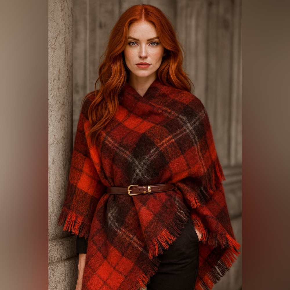 Vintage Plaid Mohair Shawl Blanket Scarf Red Checkered Cozy Chic Wool Throw
